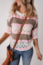 Brown Stripe Color Block Hollow Out Crochet Half Sleeve Sweater - Image 3