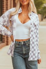 Khaki Checkerboard Flap Pocket Button Front Shacket - Image 8