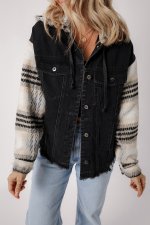 Black Plaid Sleeve Frayed Hem Hooded Denim Jacket - Image 6