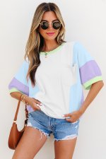 White Color Block Patchwork Half Sleeve Oversized T Shirt - Image 3