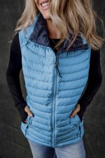 Sky Blue Plush Collared Quilted Zipped Puffer Vest - Image 6