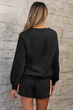 Black Striped Accent Pullover and Shorts Two Piece Casual Set - Image 2