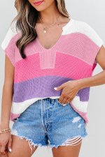 Pink Color Block Notch V Neck Sweater T Shirt - Image 2