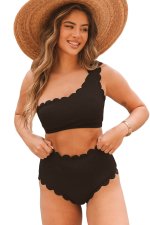 Black Solid Scalloped One-Shoulder Bikini - Image 8