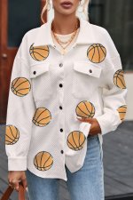 Beige Sequin Basketball Graphic Textured Snap Button Shacket - Image 2