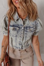 Beau Blue Light Wash Buttoned Chest Pocket Puff Sleeve Denim Jacket - Image 4