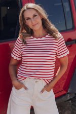 Red Stripe Scalloped Trim Round Neck T Shirt - Image 4