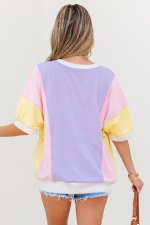 Purple Color Block Patchwork Half Sleeve Oversized T Shirt - Image 2