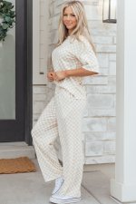 Khaki Checkered Print Half Sleeve Tee 2pcs Lounge Pant Set - Image 6