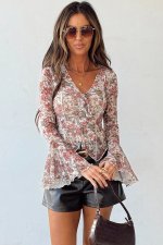 Red Floral Print Stitched Detail Tie V Neck Long Bell Sleeve Blouse - Image 7