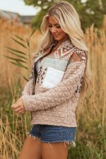 Light French Beige Aztec Quilted Patchwork Western Fashion Jacket - Image 3