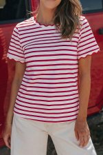 Red Stripe Scalloped Trim Round Neck T Shirt - Image 3