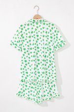 Green Clover Printed Short Sleeve and Ruffled Shorts Pajama Set - Image 4