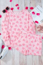 Pink Valentine Heart Shape Print Long Sleeve Top Shorts Lounge Set - Image 3