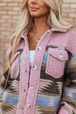 Pink Western Aztec Print Sherpa Splicing Buttoned Flap Pocket Coat - Image 7