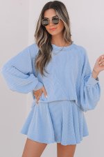 Sky Blue Corded Lantern Sleeve Top High Waist Ruffled Mini Skort Set