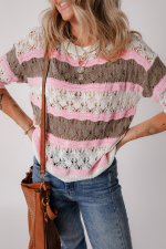 Brown Stripe Color Block Hollow Out Crochet Half Sleeve Sweater - Image 6