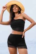 Black Pleated Mesh One Shoulder Bikini Top and Skirts Set - Image 3