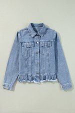 Beau Blue Ruffle Raw Hem Flap Pockets Denim Jacket - Image 5