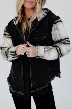 Black Plaid Sleeve Frayed Hem Hooded Denim Jacket - Image 8