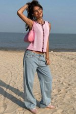 Pink Contrast Trim Buttoned Front Sweater Vest - Image 3