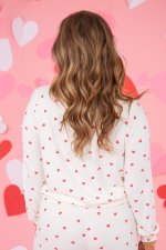 Fiery Red Tiny Hearts Printed Long Sleeve Top Drawstring Lounge Pant Set - Image 2