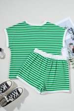 Dark Green Striped Cap Sleeve Tee and Shorts Set - Image 4