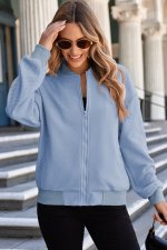 Myosotis Solid Textured Stand Neck Zipper Bomber Jacket - Image 4