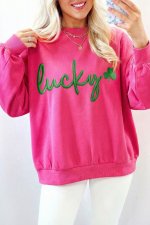 Rose Red Lucky Clover Embroidered Loose Pullover Sweatshirt - Image 8