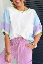 White Color Block Patchwork Half Sleeve Oversized T Shirt - Image 5