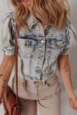 Beau Blue Light Wash Buttoned Chest Pocket Puff Sleeve Denim Jacket - Image 5